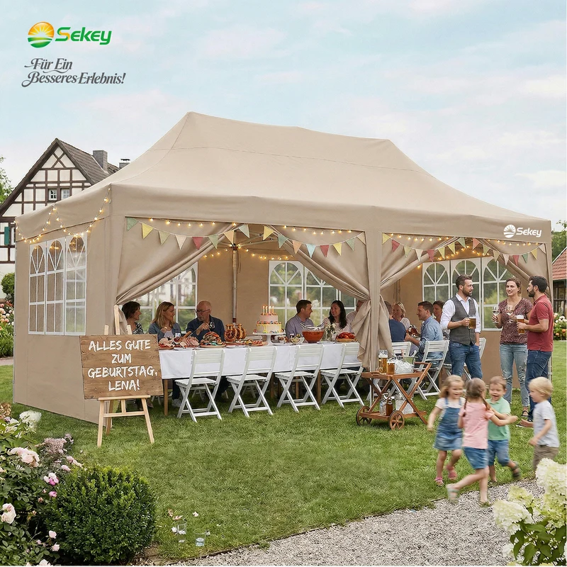 Sekey 3x6m Faltpavillon mit Seitenwand – Pop-Up Pavillon Wasserdicht (PU1000+) & UV50+, Stabil & Winterfest, Gartenpavillon mit hoher Spitze für Party, Camping & Events