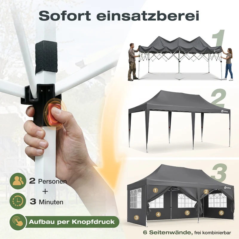 Sekey 3x6m Faltpavillon mit Seitenwand – Pop-Up Pavillon Wasserdicht (PU1000+) & UV50+, Stabil & Winterfest, Gartenpavillon mit hoher Spitze für Party, Camping & Events