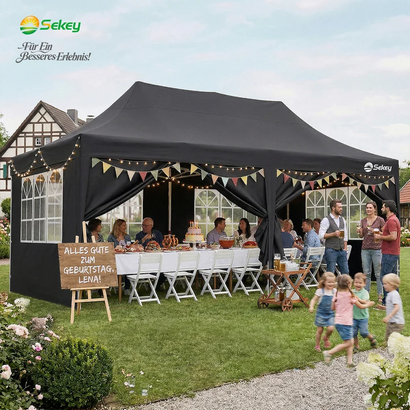Sekey 3x6m Faltpavillon mit Seitenwand – Pop-Up Pavillon Wasserdicht (PU1000+) & UV50+, Stabil & Winterfest, Gartenpavillon mit hoher Spitze für Party, Camping & Events