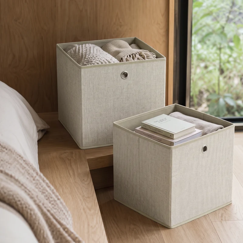 Sekey Aufbewahrungsboxen 6er Set 33 × 33 × 33 cm – Faltbare Stoffboxen mit Grifföse, stabile Ordnungsboxen für Kallax-Regale, Beige