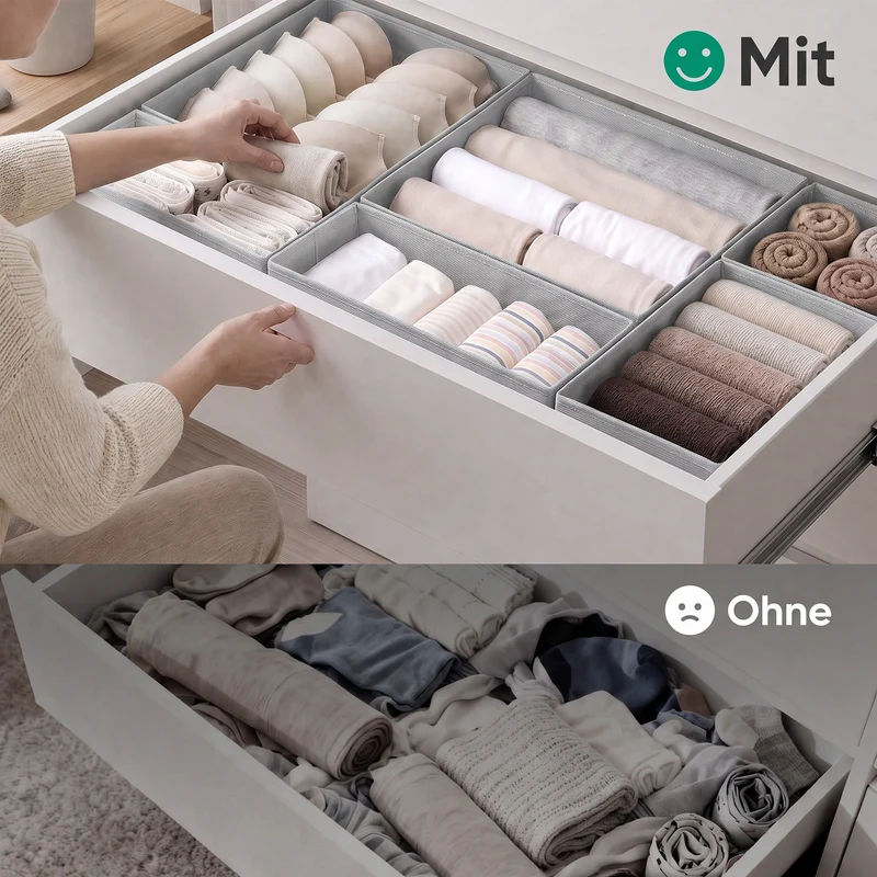 Sekey Aufbewahrungsboxen Set 6er Set aus Vliesstoff – Faltbare Stoffboxen Organizer für Schubladen & Regale, Hellgrau, Größenmix S für Kleidung, Unterwäsche & Accessoires