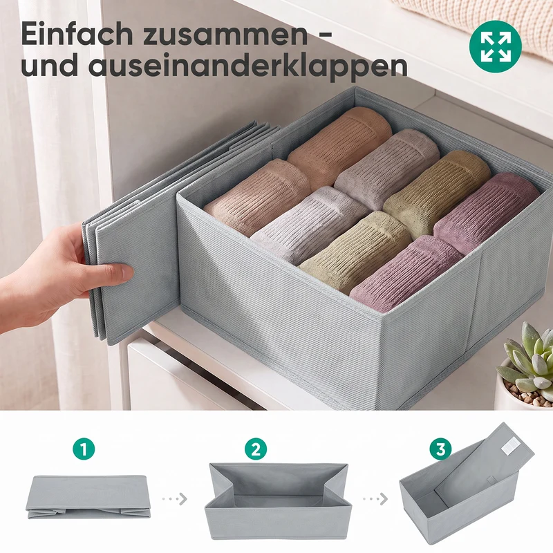 Sekey Aufbewahrungsboxen Set 6er Set aus Vliesstoff – Faltbare Stoffboxen Organizer für Schubladen & Regale, Hellgrau, Größenmix S für Kleidung, Unterwäsche & Accessoires