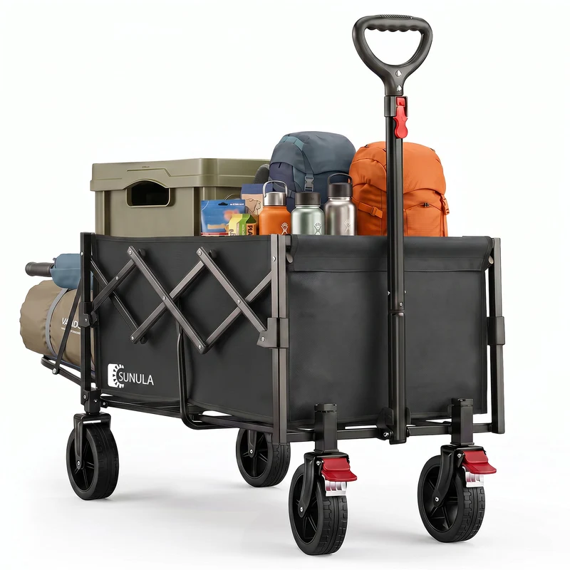 Sunula Bollerwagen faltbar mit klappbarer Heckklappe – 80 L + 35 L Handwagen mit erweiterbarer Ladefläche, 100 kg belastbar, leichter Faltbollerwagen mit Bremsen & 360°-Rädern