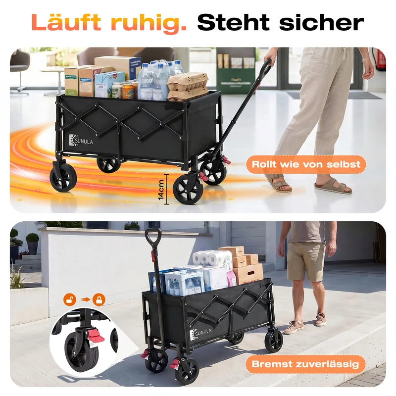 Sunula Bollerwagen faltbar mit klappbarer Heckklappe – 80 L + 35 L Handwagen mit erweiterbarer Ladefläche, 100 kg belastbar, leichter Faltbollerwagen mit Bremsen & 360°-Rädern