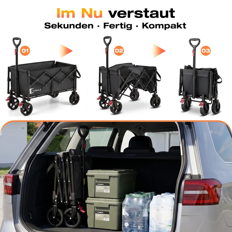 Sunula Bollerwagen faltbar mit klappbarer Heckklappe – 80 L + 35 L Handwagen mit erweiterbarer Ladefläche, 100 kg belastbar, leichter Faltbollerwagen mit Bremsen & 360°-Rädern