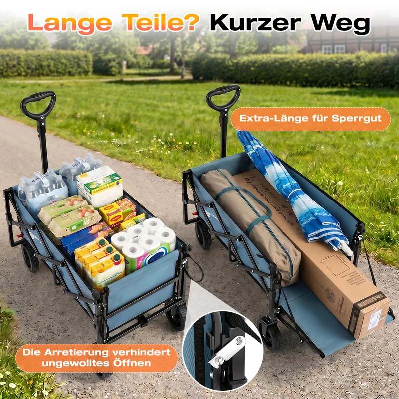 Sunula Bollerwagen faltbar mit klappbarer Heckklappe – 80 L + 35 L Handwagen mit erweiterbarer Ladefläche, 100 kg belastbar, leichter Faltbollerwagen mit Bremsen & 360°-Rädern