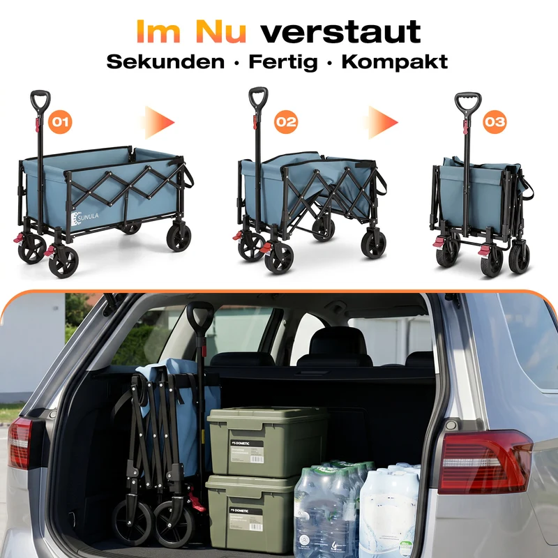Sunula Bollerwagen faltbar mit klappbarer Heckklappe – 80 L + 35 L Handwagen mit erweiterbarer Ladefläche, 100 kg belastbar, leichter Faltbollerwagen mit Bremsen & 360°-Rädern