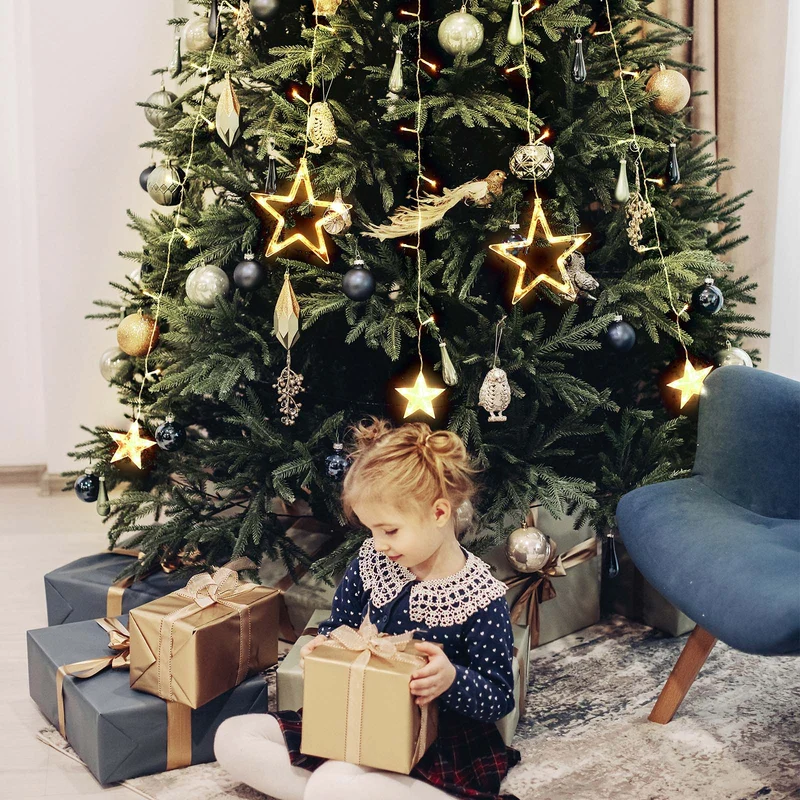 Salcar Christbaumbeleuchtung 1,5 m mit Ring – LED Weihnachtsbaum Lichterkette mit 148 LEDs, 8 Sternen, Fernbedienung & 9 Lichtmodi, Warmweiß, USB, für 0,8–2,3 m Weihnachtsbäume