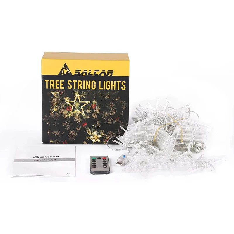 Salcar Christbaumbeleuchtung 1,5 m mit Ring – LED Weihnachtsbaum Lichterkette mit 148 LEDs, 8 Sternen, Fernbedienung & 9 Lichtmodi, Warmweiß, USB, für 0,8–2,3 m Weihnachtsbäume