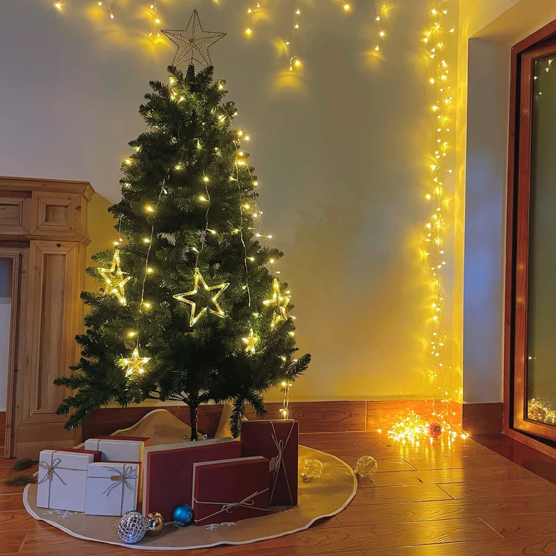 Salcar Christbaumbeleuchtung 1,5 m mit Ring – LED Weihnachtsbaum Lichterkette mit 148 LEDs, 8 Sternen, Fernbedienung & 9 Lichtmodi, Warmweiß, USB, für 0,8–2,3 m Weihnachtsbäume