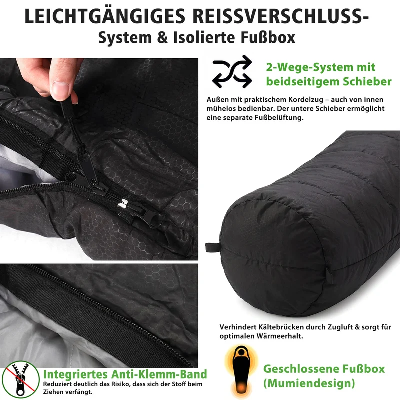 Sekey Mumienschlafsack Erwachsene – Ultraleichter Sommerschlafsack 0,9 kg / 1,7 kg, wasserabweisend & atmungsaktiv, mit Anti-Klemm-Reißverschluss, 220 × 80 × 50 cm, für Camping, Trekking & Reisen – Anthrazit / Grün