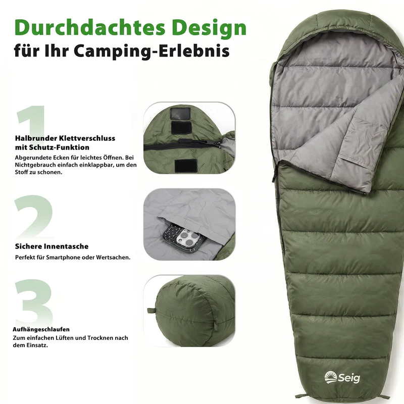 Sekey Mumienschlafsack Erwachsene – Ultraleichter Sommerschlafsack 0,9 kg / 1,7 kg, wasserabweisend & atmungsaktiv, mit Anti-Klemm-Reißverschluss, 220 × 80 × 50 cm, für Camping, Trekking & Reisen – Anthrazit / Grün