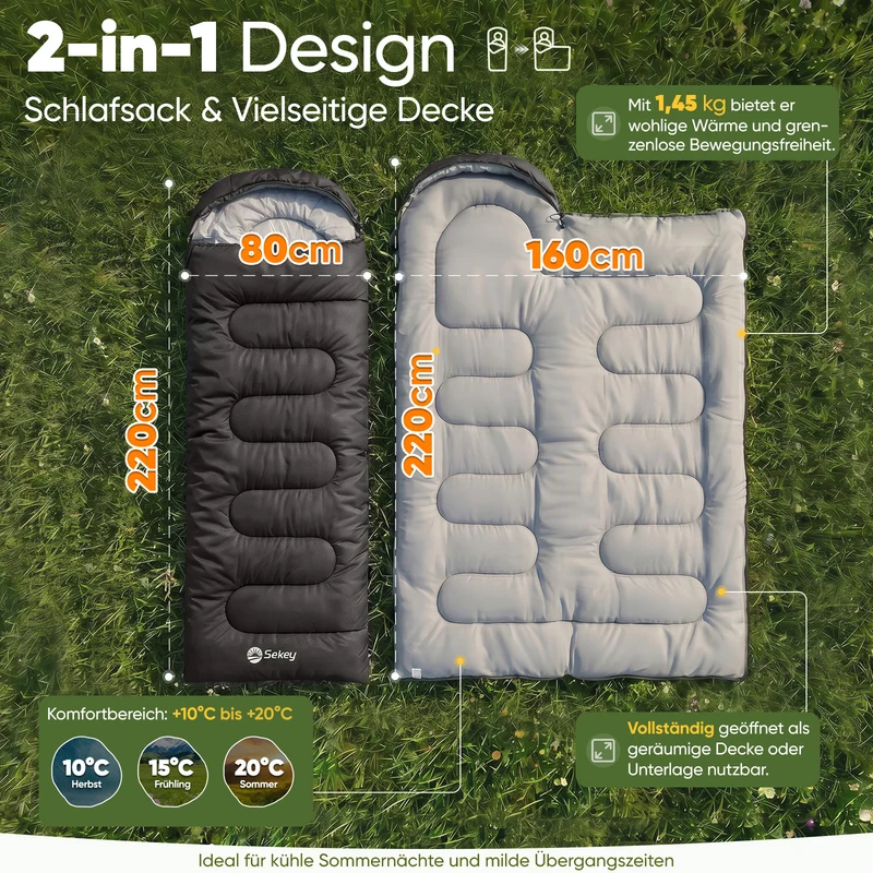 Sekey 3-Jahreszeiten Schlafsack 220×80 cm – 2-in-1 Deckenschlafsack (10–20 °C), 1,45 kg Leicht, mit Fußbelüftung & Anti-Klemm-Reißverschluss, für Camping & Outdoor – Anthrazit / Grün