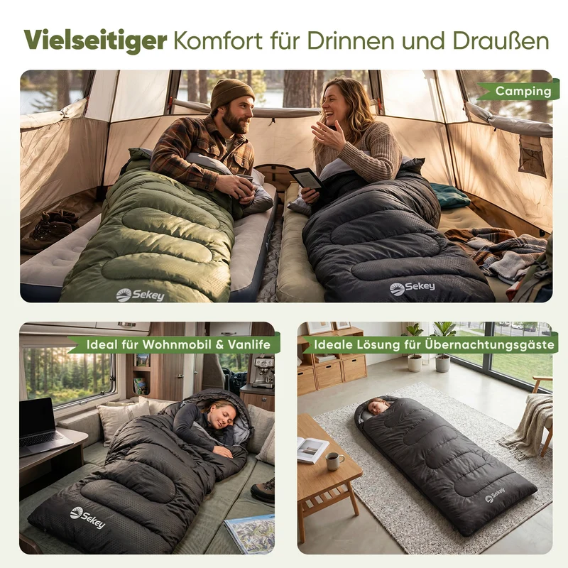 Sekey 3-Jahreszeiten Schlafsack 220×80 cm – 2-in-1 Deckenschlafsack (10–20 °C), 1,45 kg Leicht, mit Fußbelüftung & Anti-Klemm-Reißverschluss, für Camping & Outdoor – Anthrazit / Grün