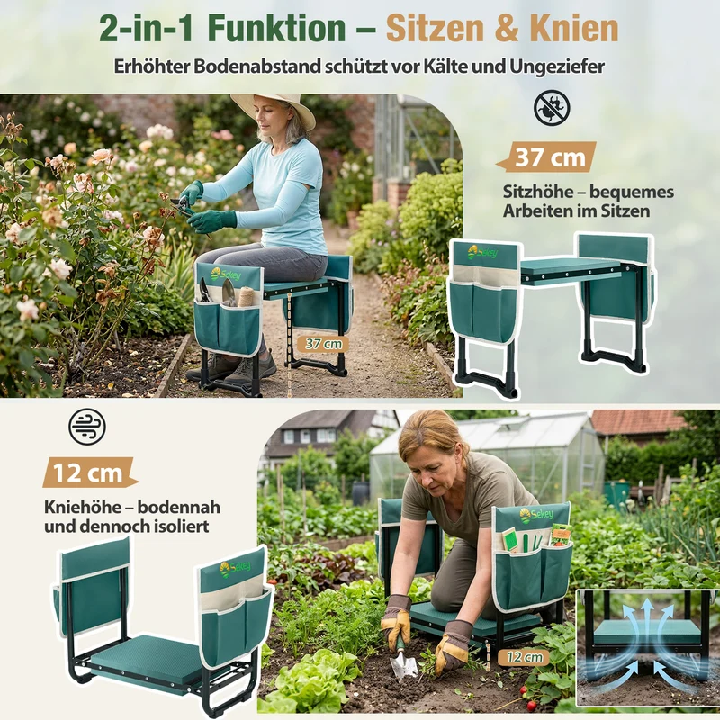 Sekey Höhenverstellbare Kniebank für Gartenarbeit Belastbarkeit 180KG, Gartenhocker Klappbar mit Werkzeugtaschen, Knie Komfort Garten, Grün
