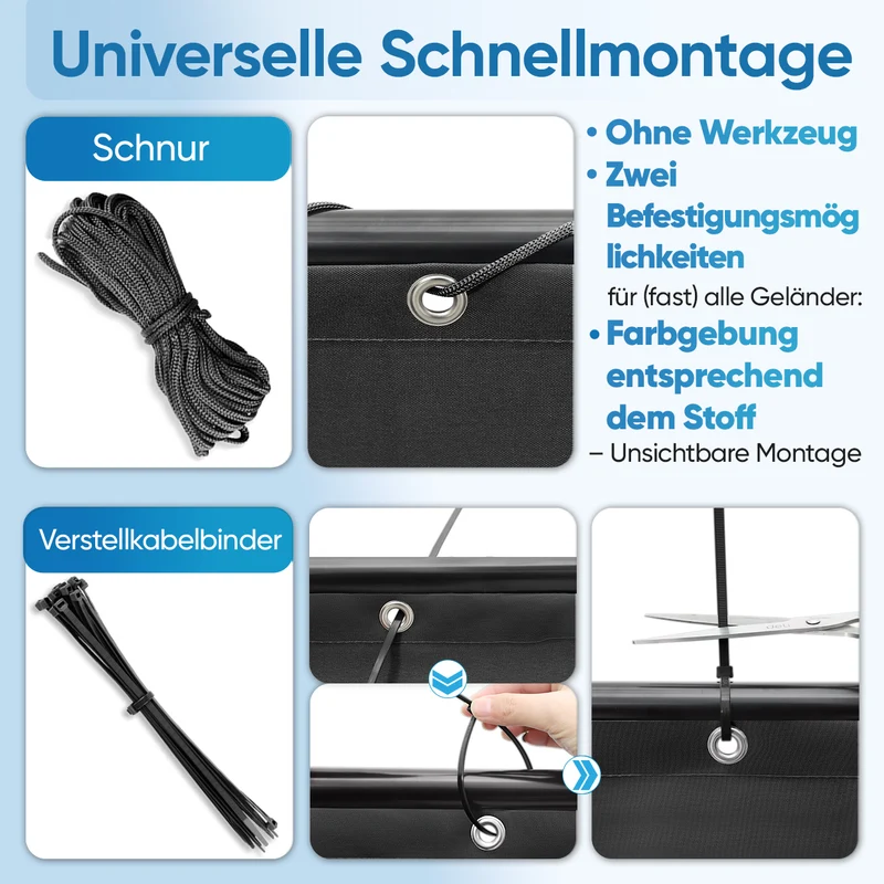 Sekey PES Balkon Sichtschutz blickdicht – Balkonabdeckung mit Wind- & UV-Schutz, schwarz, 160 g/m² PES, mit Ösen, Kordel & Kabelbindern