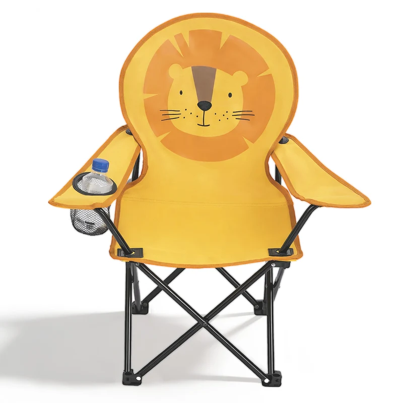 Sunula Kinder Klappstuhl Outdoor – Campingstuhl mit Löwe-Motiv Gelb & Getränkehalter, leicht & faltbar für Garten, Picknick & Camping