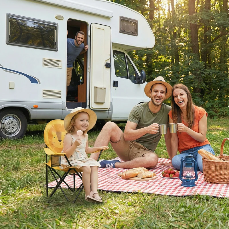Sunula Kinder Klappstuhl Outdoor – Campingstuhl mit Löwe-Motiv Gelb & Getränkehalter, leicht & faltbar für Garten, Picknick & Camping