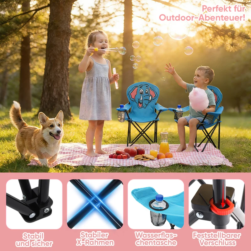 Sunula Kinder Klappstuhl Outdoor – Campingstuhl mit Elefant-Motiv Blau & Getränkehalter, faltbar & leicht für Garten, Picknick & Camping