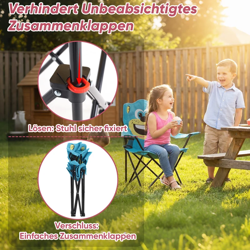 Sunula Kinder Klappstuhl Outdoor – Campingstuhl mit Bär-Motiv Blau & Getränkehalter, leicht & faltbar für Garten, Picknick & Camping