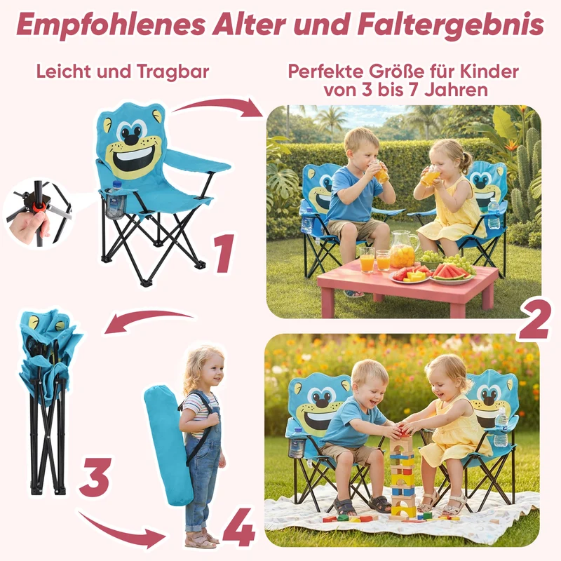 Sunula Kinder Klappstuhl Outdoor – Campingstuhl mit Bär-Motiv Blau & Getränkehalter, leicht & faltbar für Garten, Picknick & Camping