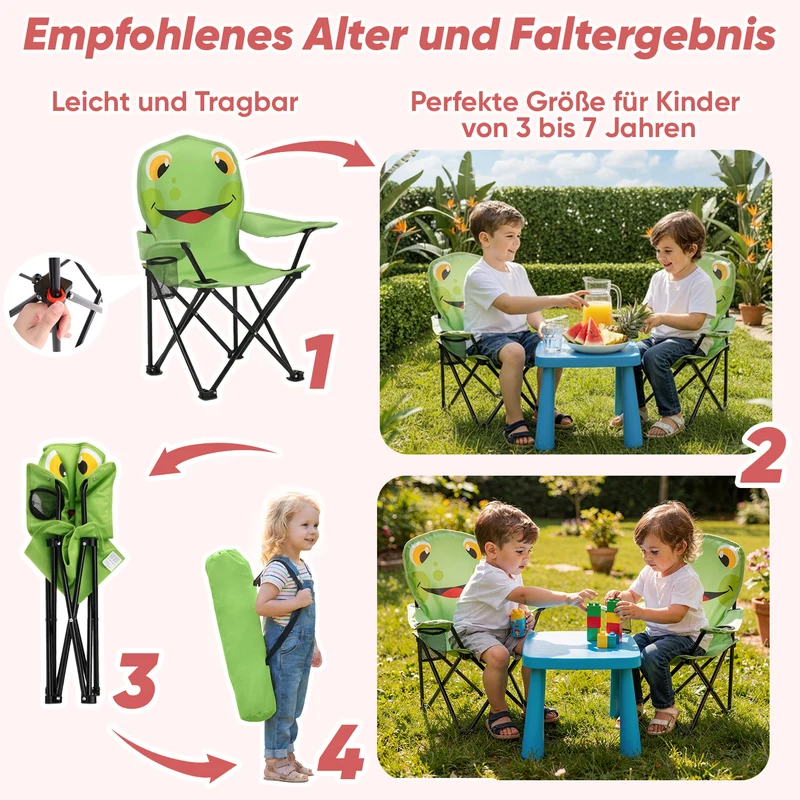 Sunula Kinder Klappstuhl Outdoor – Campingstuhl mit Frosch-Motiv & Getränkehalter, leicht & stabil, faltbar für Garten, Picknick & Camping