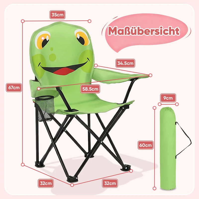 Sunula Kinder Klappstuhl Outdoor – Campingstuhl mit Frosch-Motiv & Getränkehalter, leicht & stabil, faltbar für Garten, Picknick & Camping
