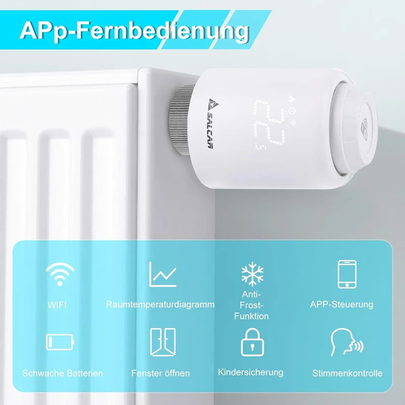 Salcar TRV603 Smartes Heizkörperthermostat WLAN – Programmierbares WiFi Thermostat mit Tuya Smart App, kompatibel mit Amazon Alexa & Google Assistant, ohne Gateway