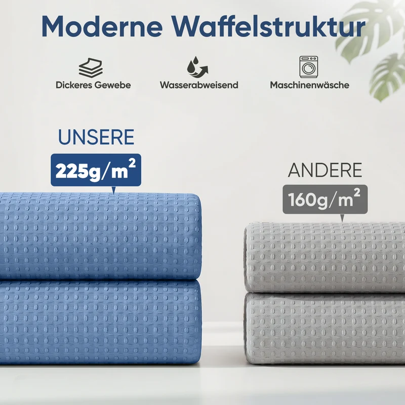 Sekey Blau Duschvorhang 180 × 200 cm, Textil Badewannenvorhang mit Waffelstruktur, Wasserabweisend & Waschbar, 100 % Polyester, mit Beschwerungsband & 12 Edelstahlringen