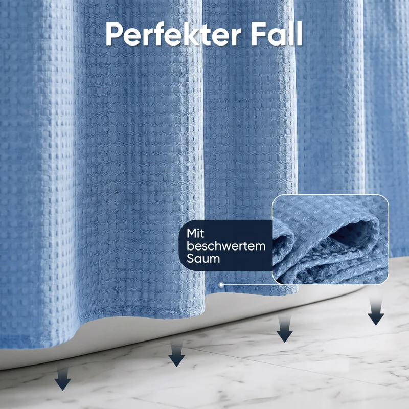 Sekey Blau Duschvorhang 180 × 200 cm, Textil Badewannenvorhang mit Waffelstruktur, Wasserabweisend & Waschbar, 100 % Polyester, mit Beschwerungsband & 12 Edelstahlringen