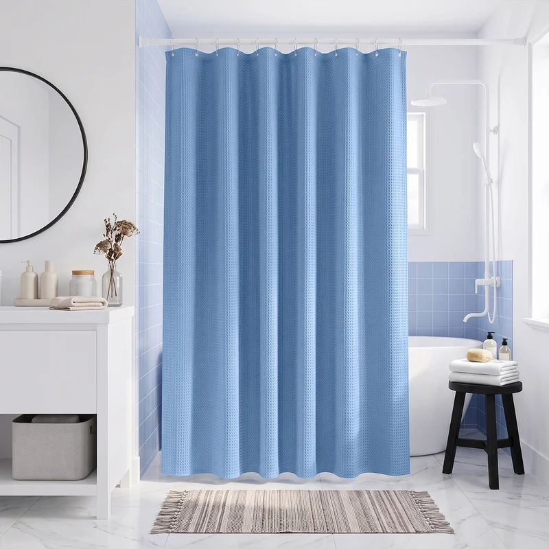 Sekey Blau Duschvorhang 180 × 200 cm, Textil Badewannenvorhang mit Waffelstruktur, Wasserabweisend & Waschbar, 100 % Polyester, mit Beschwerungsband & 12 Edelstahlringen