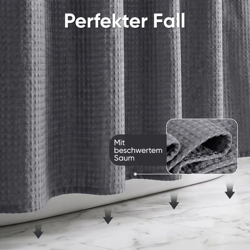 Sekey Dunkelgrau Duschvorhang 180 × 200 cm, Textil Badewannenvorhang mit Waffelstruktur, Wasserabweisend & Waschbar, 100 % Polyester, mit Beschwerungsband & 12 Edelstahlringen