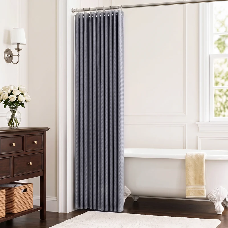 Sekey Dunkelgrau Duschvorhang 180 × 200 cm, Textil Badewannenvorhang mit Waffelstruktur, Wasserabweisend & Waschbar, 100 % Polyester, mit Beschwerungsband & 12 Edelstahlringen