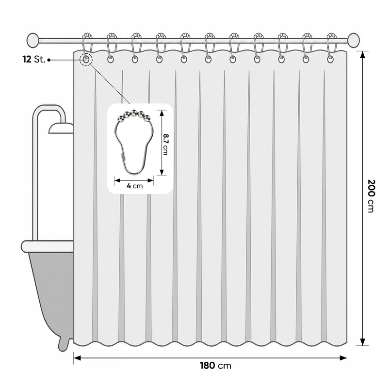 Sekey Nebelblau Duschvorhang 180 × 200 cm, Textil Badewannenvorhang mit Waffelstruktur, Wasserabweisend & Waschbar, 100 % Polyester, mit Beschwerungsband & 12 Edelstahlringen