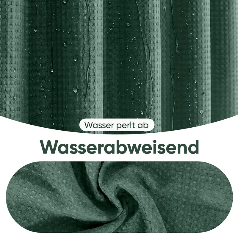 Sekey Dunkelgrün Duschvorhang 180 × 200 cm, Textil Badewannenvorhang mit Waffelstruktur, Wasserabweisend & Waschbar, 100 % Polyester, mit Beschwerungsband & 12 Edelstahlringen