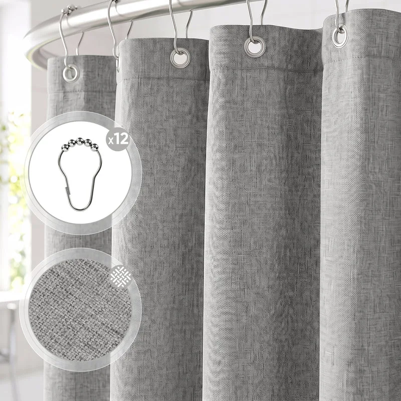 Sekey Hellgrau Duschvorhang 180 × 200 cm, Textil Badewannenvorhang in Leinenoptik, Wasserabweisend & Waschbar, 100 % Polyester, mit Beschwerungsband & 12 Edelstahlringen