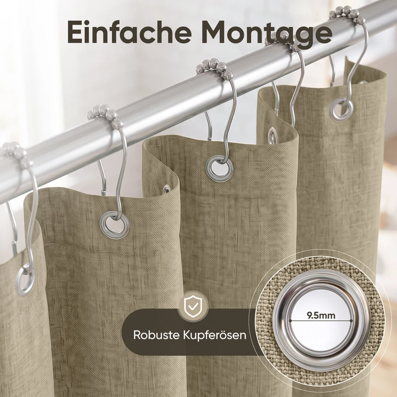 Sekey Hellbraun Duschvorhang 180 × 200 cm, Textil Badewannenvorhang in Leinenoptik, Wasserabweisend & Waschbar, 100 % Polyester, mit Beschwerungsband & 12 Edelstahlringen