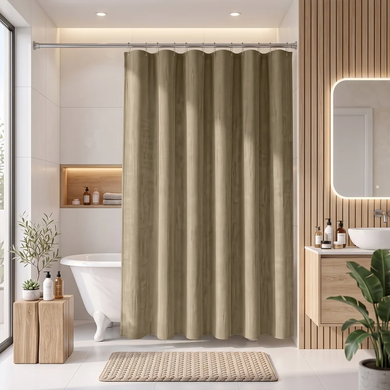 Sekey Hellbraun Duschvorhang 180 × 200 cm, Textil Badewannenvorhang in Leinenoptik, Wasserabweisend & Waschbar, 100 % Polyester, mit Beschwerungsband & 12 Edelstahlringen