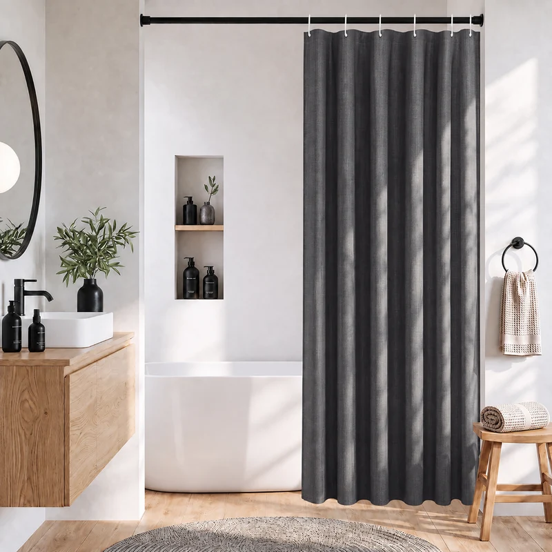 Sekey Duschvorhang, Grau, Wasserabweisender Badvorhang in Leinenoptik, 100 % Polyester, mit Beschwerungsband & 8 Duschvorhangringen, Waschbar bei 30 °C