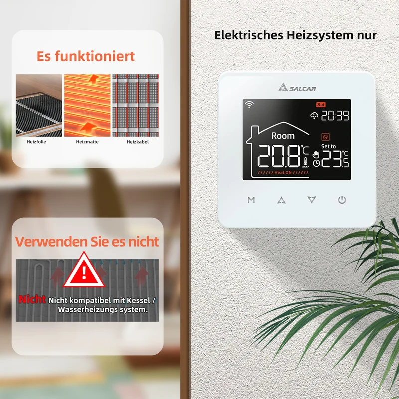 Salcar Smartes WLAN Raumthermostat für elektrische Fußbodenheizung – 16A Thermostat mit LCD-Touchdisplay, Tuya Smart App, App- & Sprachsteuerung, kompatibel mit Amazon Alexa, programmierbar, Weiß