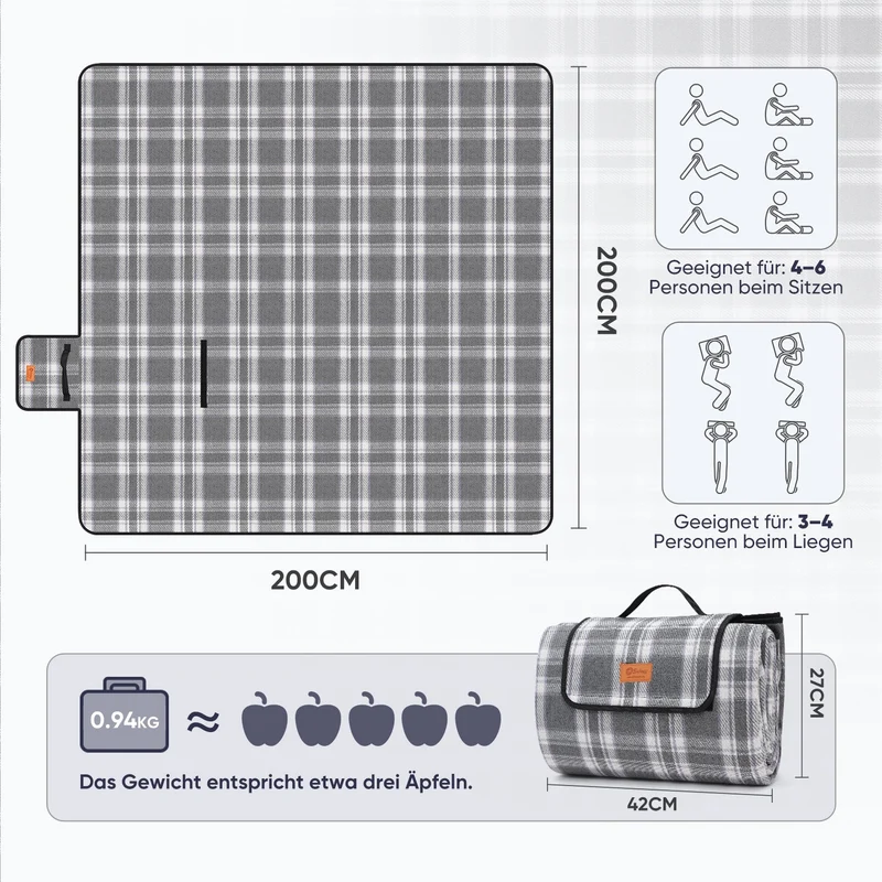 Sekey XXL Picknickdecke 200x200 cm – Waschbare & Schmutzabweisende Camping- und Stranddecke, Faltbar & Gepolstert für Outdoor, Park & Garten