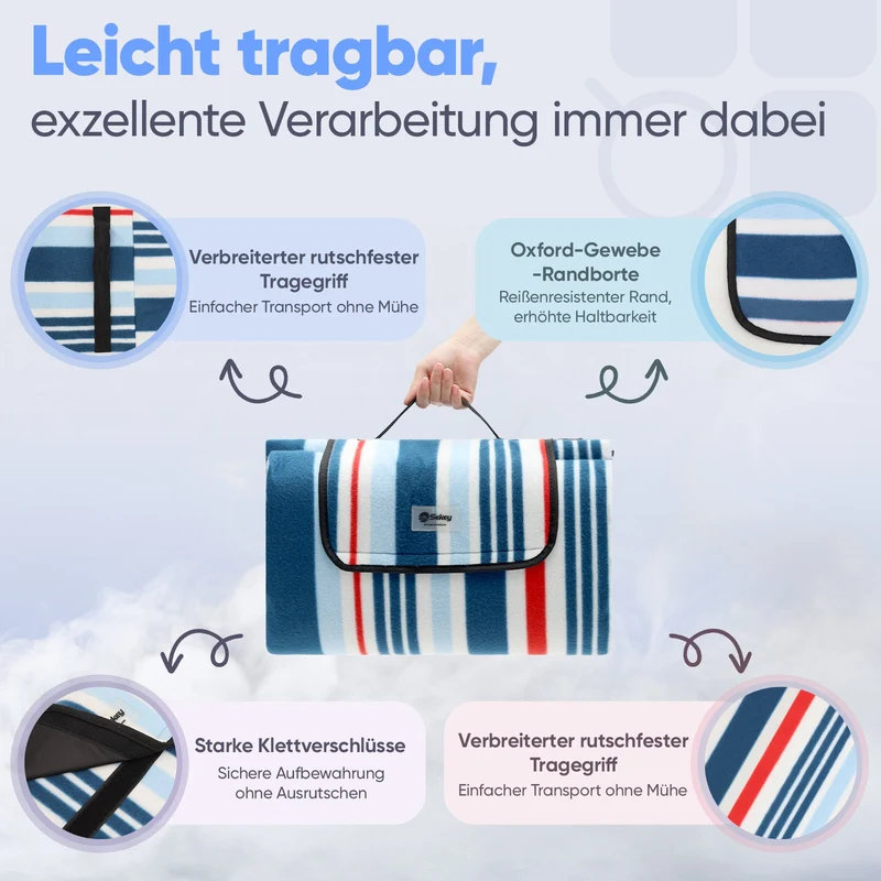 Sekey Picknickdecke – Wasserdicht & sandfest, faltbare Strandmatte mit PEVA-Unterseite, gepolstert & tragbar für Camping, Strand & Wiese – Blau-Weiß-Rote Streifen