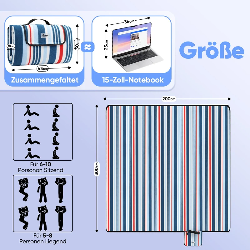 Sekey Picknickdecke – Wasserdicht & sandfest, faltbare Strandmatte mit PEVA-Unterseite, gepolstert & tragbar für Camping, Strand & Wiese – Blau-Weiß-Rote Streifen
