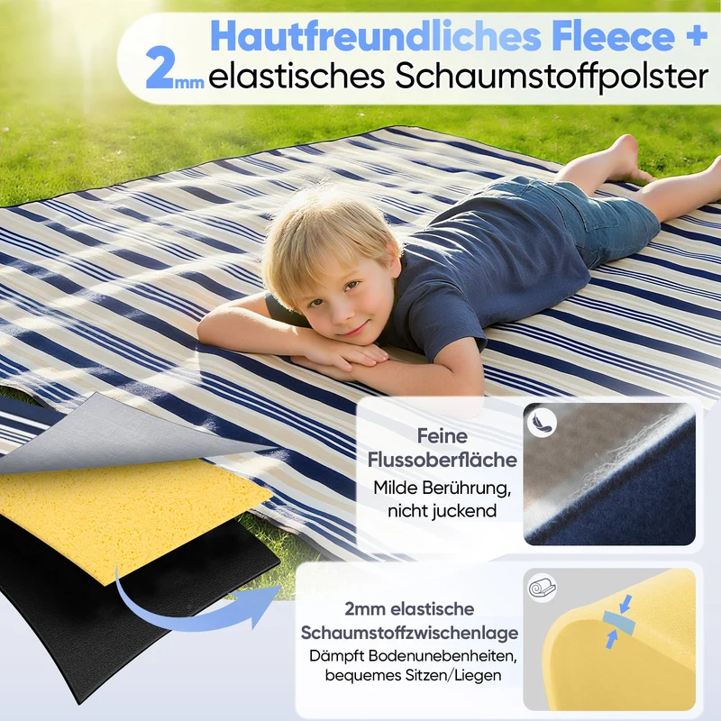 Sekey Wasserdichte Picknickdecke – Sandfeste, faltbare Strandmatte mit gepolstertem PEVA-Untergrund, tragbar für Outdoor, Camping, Strand & Wiese, Blau-Weiß-Beige Streifen