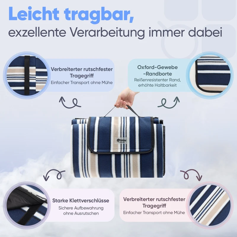 Sekey Wasserdichte Picknickdecke – Sandfeste, faltbare Strandmatte mit gepolstertem PEVA-Untergrund, tragbar für Outdoor, Camping, Strand & Wiese, Blau-Weiß-Beige Streifen