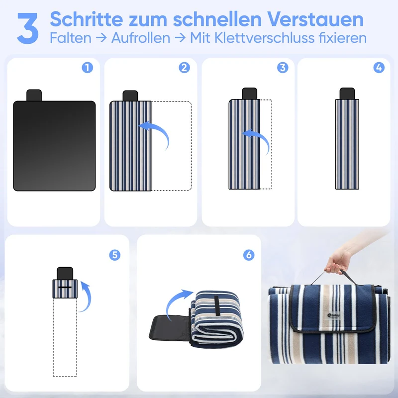 Sekey Wasserdichte Picknickdecke – Sandfeste, faltbare Strandmatte mit gepolstertem PEVA-Untergrund, tragbar für Outdoor, Camping, Strand & Wiese, Blau-Weiß-Beige Streifen
