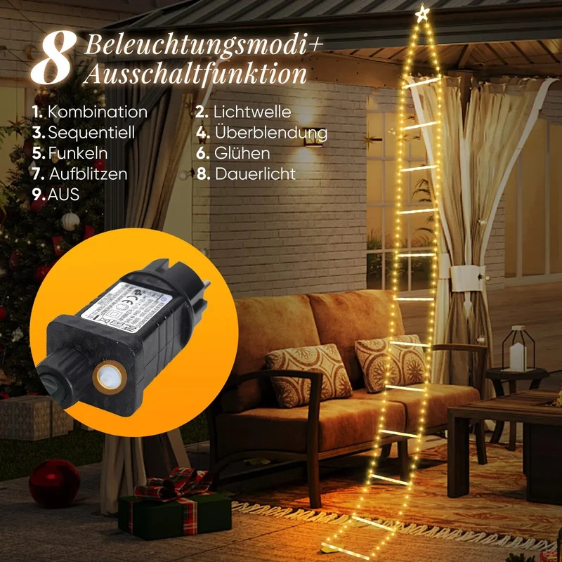 Salcar 3 m LED Leiter Lichterkette Außen, Warmweiß Weihnachtsbeleuchtung mit 8 Modi, Timer & Speicher, Wasserdicht Deko für Garten, Balkon, Tür & Treppe