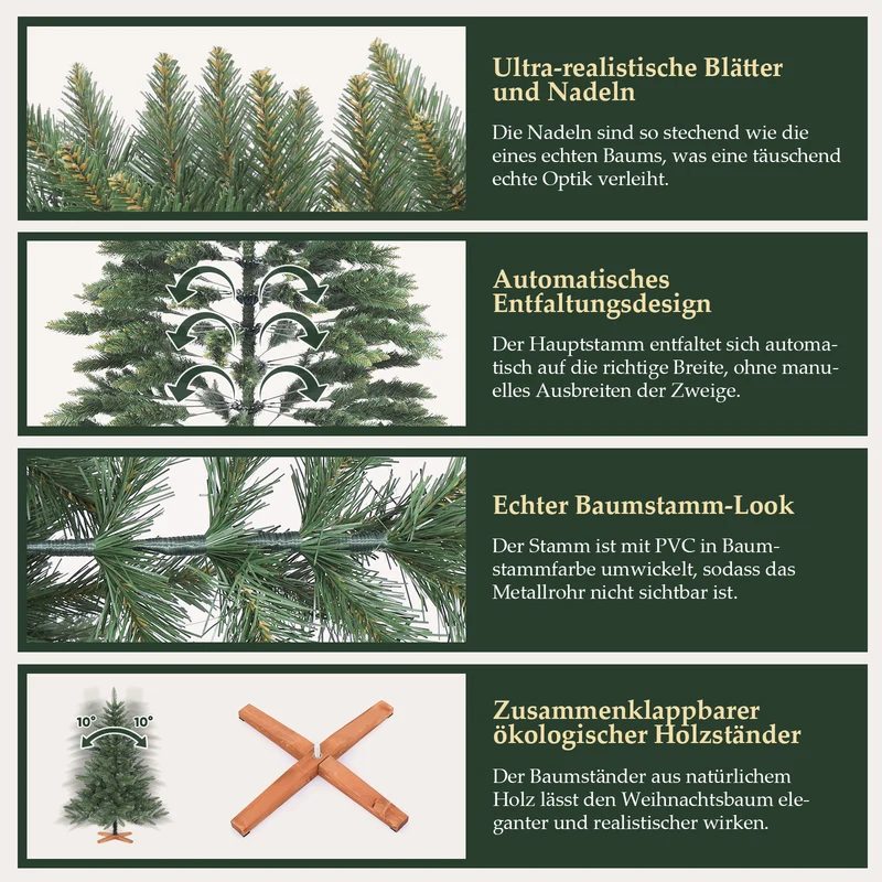 Salcar Künstlicher Weihnachtsbaum mit Holzständer, 150/180/210 cm, Realistischer PVC Christbaum, Pflegeleicht & Hochwertige Weihnachtsdekoration für Innenräume