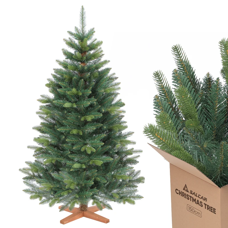 Salcar Künstlicher Weihnachtsbaum mit Holzständer, Premium PE+PVC Tannenbaum, Realistische & Dichte Optik, Einfacher Aufbau für Innenräume