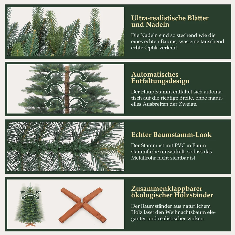 Salcar Künstlicher Weihnachtsbaum mit Holzständer, Premium PE+PVC Tannenbaum, Realistische & Dichte Optik, Einfacher Aufbau für Innenräume
